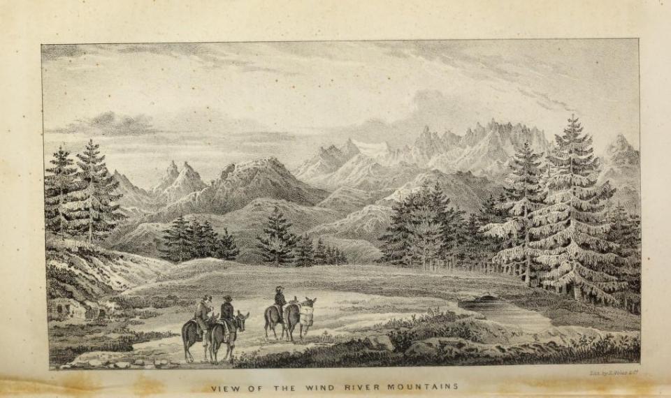 lithograph of three people on horseback with a pack mule, walking through a meadow toward a horizon with many jagged peaks, with the words "View of the Wind River Mountains" at the bottom