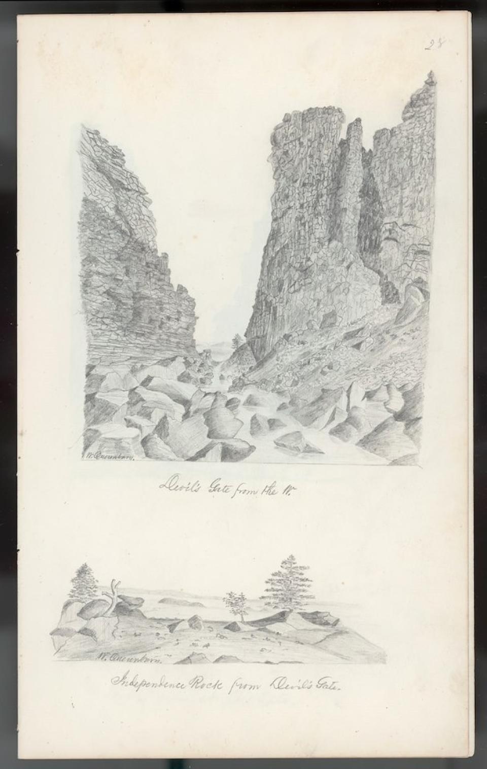 two drawings, one atop the other: the top, a rendering of a cleft between two rocky cliffs, titled, "Devil's Gate from the W." Beneath it, a smaller drawing of a landscape with a rocky meadow in the foreground, and a rounded rise in the distance, titled, "Independence Rocky from Devil's Gate."