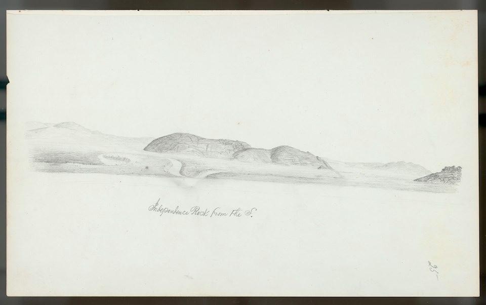 Sketch of a wide landscape with a smooth rocky rise next to a rive in the center