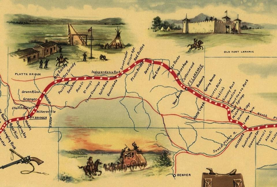 map showing route of Pony Express through Wyoming, with many stations marked, including LaBonte, four stations west of Fort Laramie. There are small drawings around the sides, illustrating Pony Express riders, Platte Bridge, Fort Laramie, a stagecoach, a revolver and whip, and a saddle with mailbag.