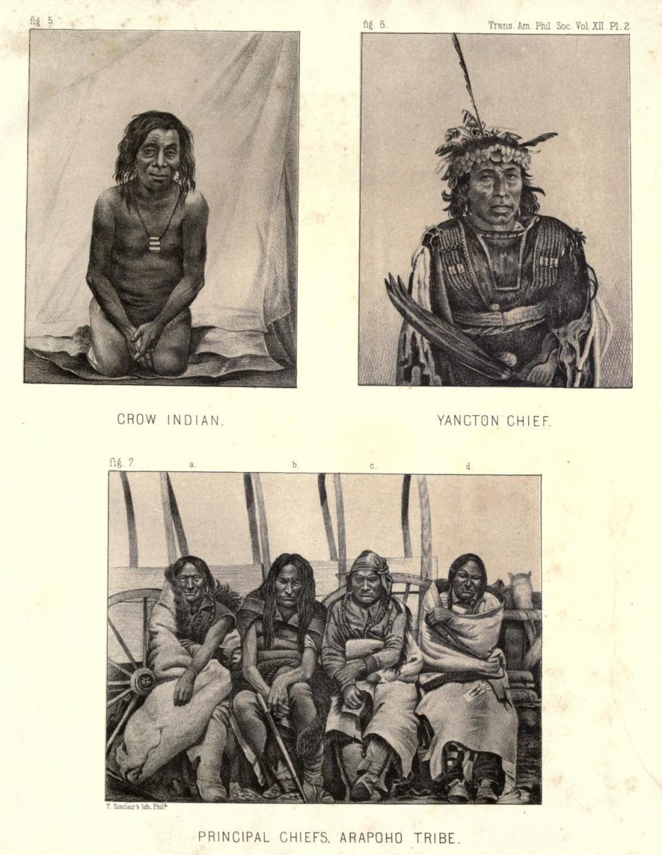 Page with three engravings; two on top show a kneeling, shirtless man wearing a pendant, titled "Crow Indian;" and an image of a man wearing a headband with feathers, and a decorated vest, holding long feathers in his hand, titled, "Yancton Chief." The bottom image is a wood engraving that reproduces the previous image of four Arapaho leaders, titled, "Principal Chiefs, Arapaho Tribe."