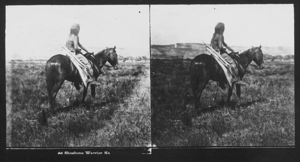 stereograph (two of the same image side-by-side) of a shirtless man looking into the distance, riding horseback with a bow and quiver at his hip behind him