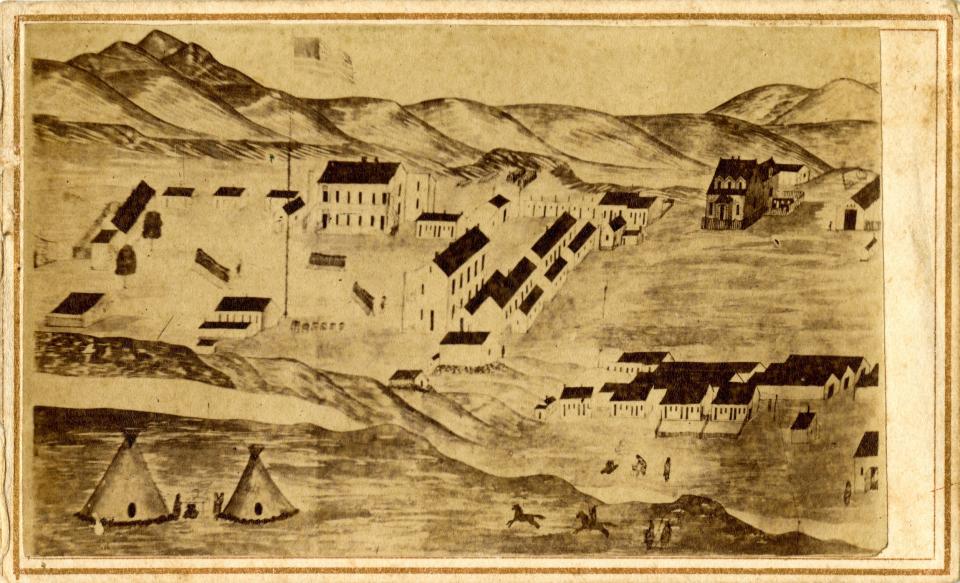 drawing of some teepees and people on horseback near a collection of one- and two-story buildings with holls in the background