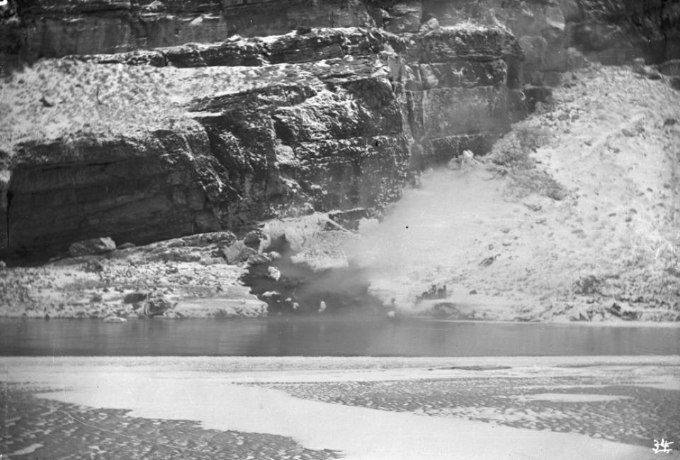 Hot springs, steaming here from the floor of Alcova Canyon in 1894, were later drowned by Alcova Reservoir. American Heritage Center.