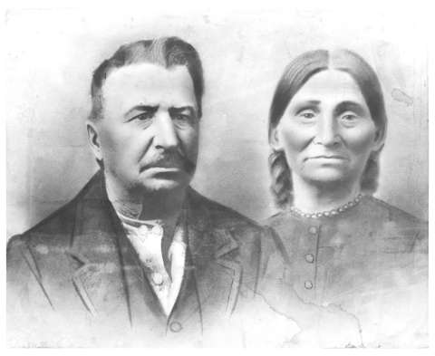 Longtime Fort Laramie-area fur trader James Bordeaux and his Brule Lakota wife Huntkalutawin, also called Marie. By forming family connections to the tribes, traders gained companionship while developing loyalties with the extended Native families of their wives. Wyoming State Archives.