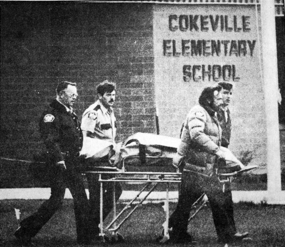 Emergency workers after the Cokeville bombing. Rick Sorenson photo, Casper Star-Tribune Collection, Casper College Western History Center.