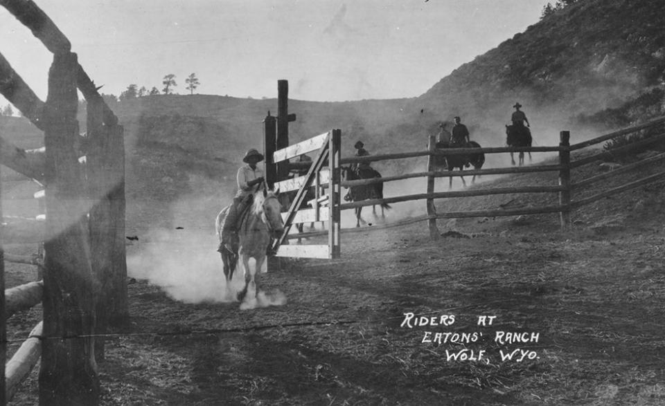 Eatons' dudes return to the ranch after a trail ride, ca. 1920. American Heritage Center.