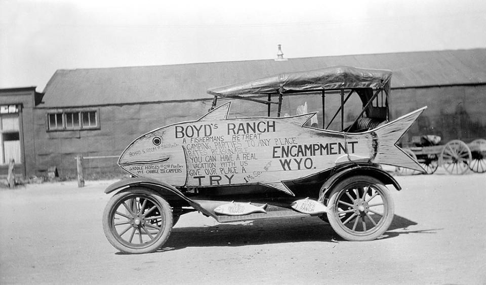 A rolling advertisement for Boyd's Ranch near Encampment, Wyo., June 1922. Besides all the listed services, the ranch hosted rodeos that were popular with locals. Lora Nichols photo, Lora Nichols Collection, Grand Encampment Museum.