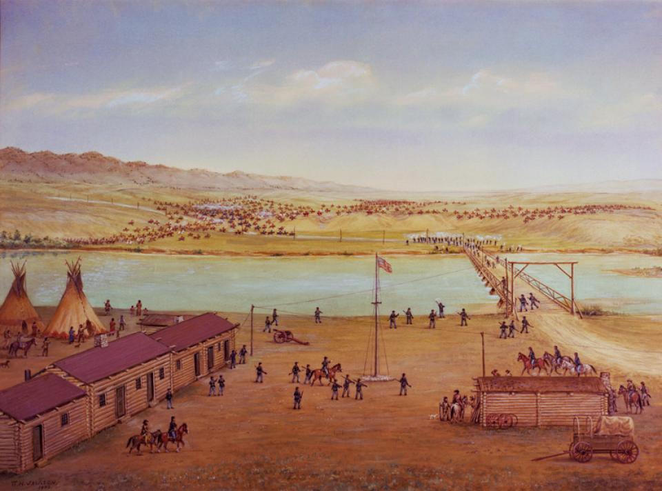 A 1930s imagining of the 1865 Battle of Platte Bridge, by William Henry Jackson. Wyoming State Museum.