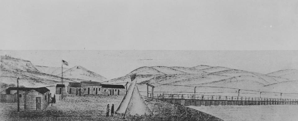 Platte Bridge in 1863, in a sketch by Bugler C. Moellman of the 11th Ohio Cavalry. The post was later renamed for Lt. Caspar Collins, killed nearby in 1865. American Heritage Center.