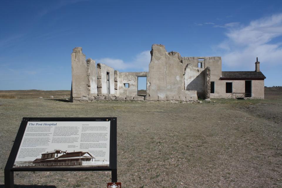 Ruins today of Fort Laramie's former hospital, an adobe building. Tom Rea photo.