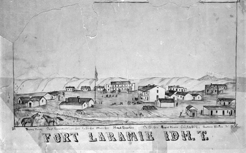 Fort Laramie about 1863, when the land around it was briefly part of Idaho Territory. Old Bedlam faces the viewer in the center, and the Laramie River flows in the foreground. American Heritage Center.