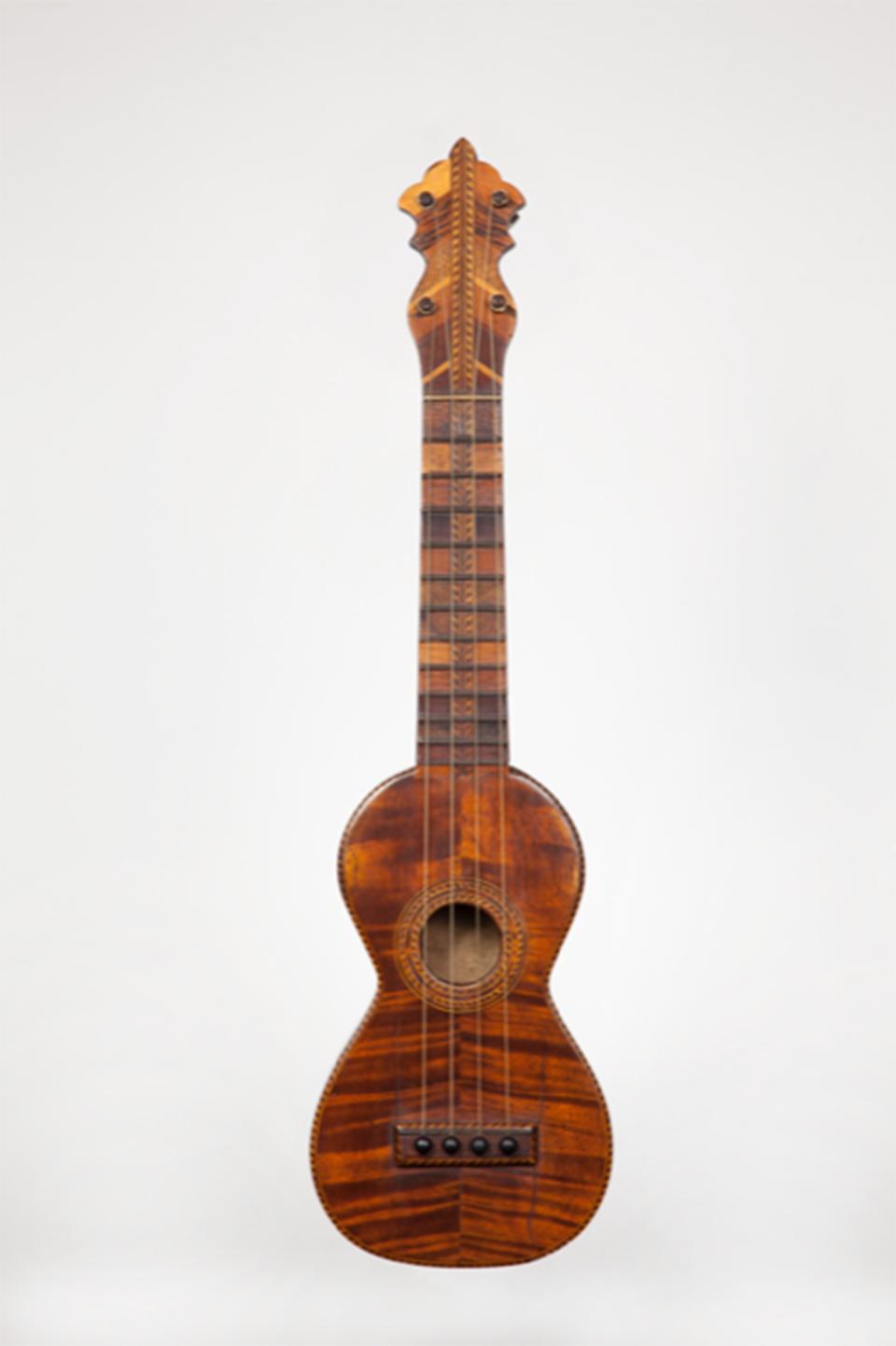 Guitars and ukuleles developed in Hawaii with the influence of Portuguese and Spanish traditions. Soprano ukulele by Jose do Espirito Santo, Honolulu, Hawaii, ca. 1895-1905. National Music Museum, University of South Dakota, Emanuele Marconi, Photographer.