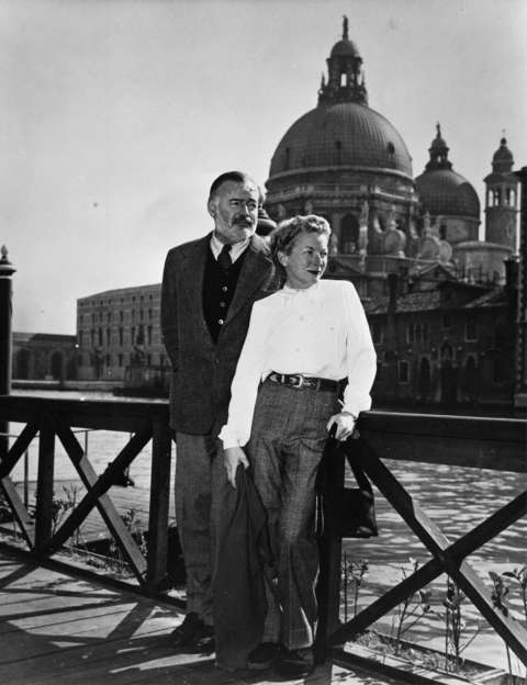 Hemingway and his fourth wife, Mary, in Venice. They met in London in 1944 and married in Cuba in 1946. Later that year, she suffered a miscarriage and emergency surgery in Casper, and survived. JFK Library.