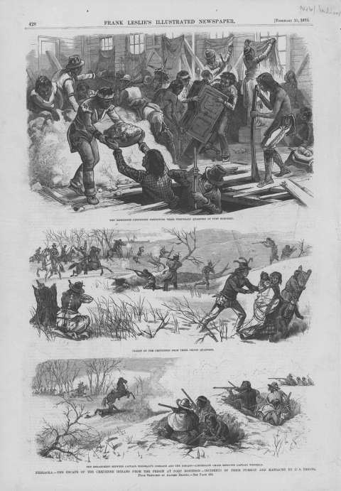 The Northern Cheyenne broke out of the barracks at Fort Robinson Jan. 9, 1879. Five weeks later, Frank Leslie’s Illustrated newspapers published illustrations of the Cheyenne fortifying their barracks, their desperate flight, and a confrontation with the soldiers. History Nebraska. Click to enlarge.