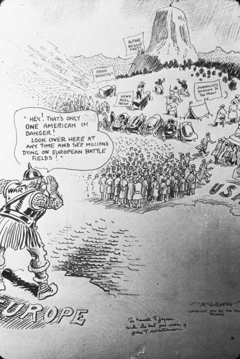 A cartoonist for the Chicago Tribune contrasted the trivialities of the Hopkins media frenzy with the war raging in Europe. NPS image.