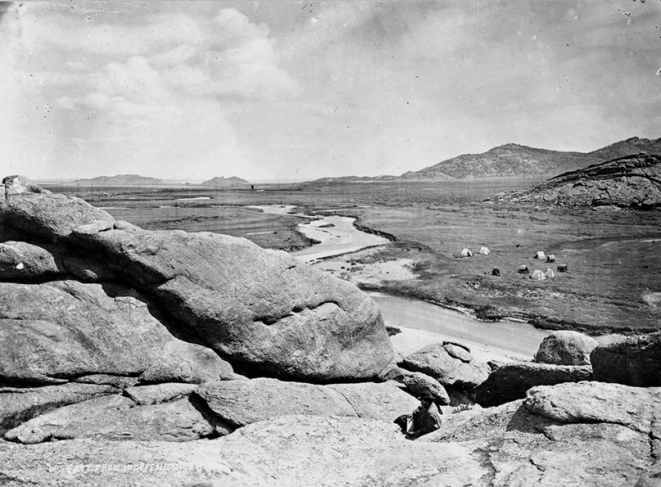 Looking east down the Sweetwater River from the top of Independence Rock, 1870. William Henry Jackson.