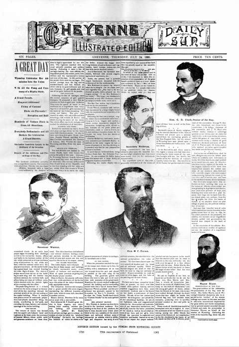 The day after the statehood celebration in July 1890, the Cheyenne Daily Sun devoted most of its front page to Jenkins’s speech—though it only ran pictures of men. The text begins at the bottom of column 3. Wyoming Newspapers.