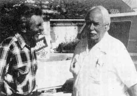 Henry Jensen, right, and Floyd Widmer, owner of the Waltman, Wyo., store, 1992. Irving Garbutt photo, Casper Journal.  Casper College Western History Center.