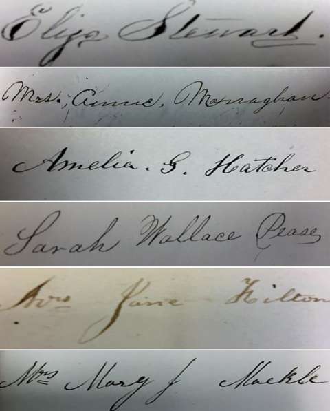 Signatures of the first women to serve on a jury in Wyoming. Lawyer Stephen Downey preserved the signatures in his autograph book. American Heritage Center.