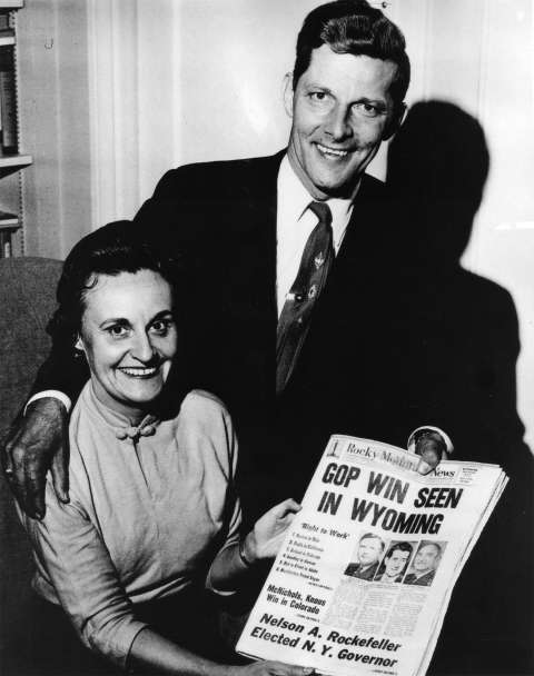 The morning after the 1958 election, Senator-elect and Democrat Gale McGee and his wife, Loraine, smile at a Rocky Mountain News headline recalling the Chicago Tribune’s too-soon announcement of Thomas Dewey’s 1948 “victory” over Harry Truman. Courtesy Robert McGee.