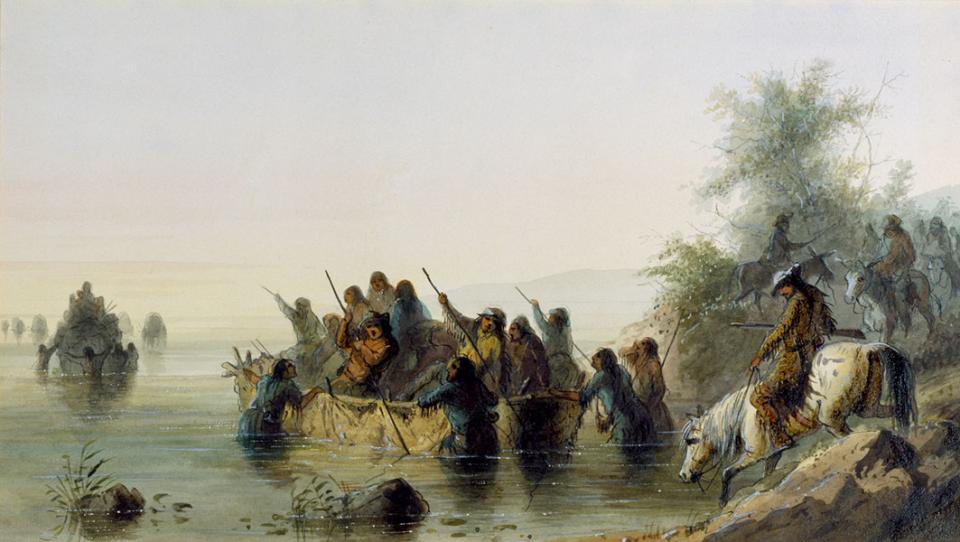 'Bull boating,' by Alfred Jacob Miller. Trappers and travelers used bullboats, made of buffalo hide stretched over a willow frame, for river crossings and other short voyages. William Drummond Stewart rides the white horse, at right. Walters Art Museum. 