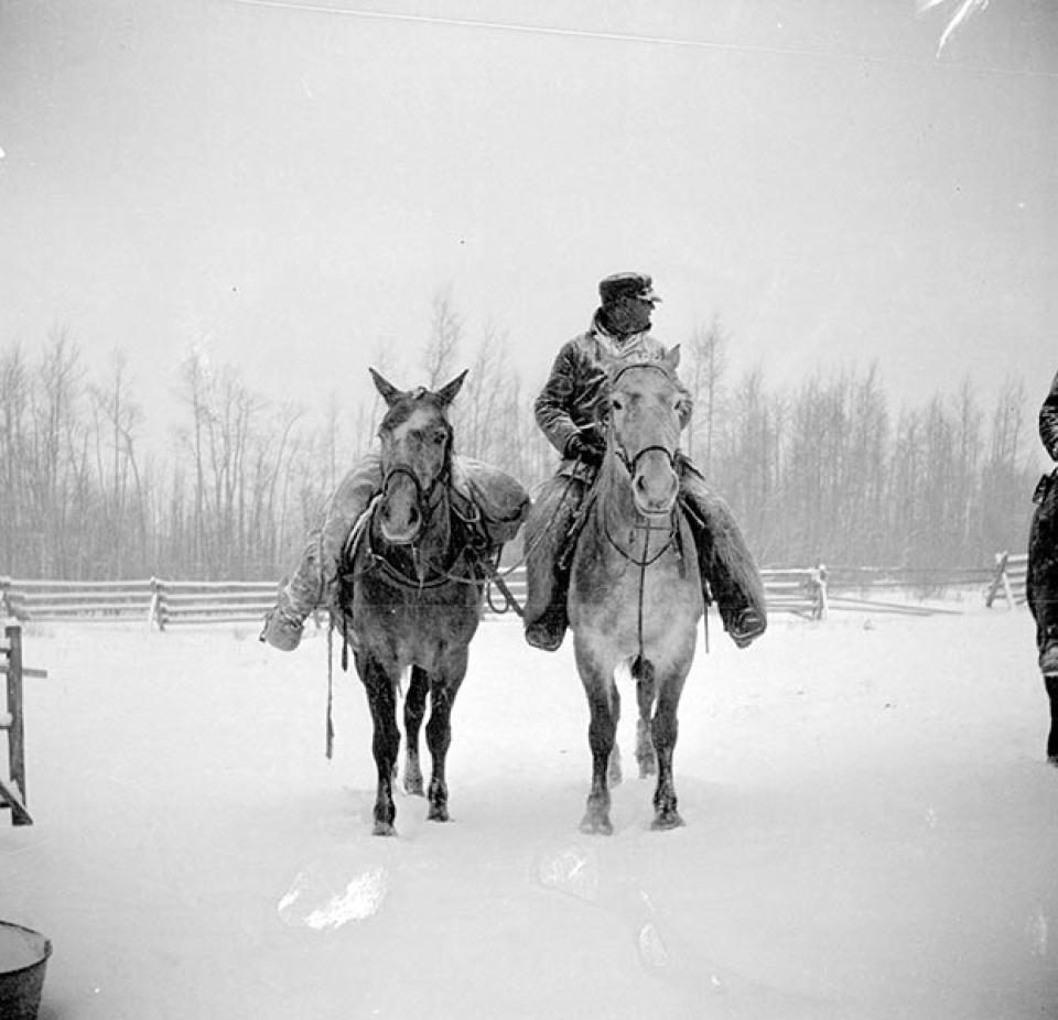 Forest Ranger Milt Ames brings in the frozen body of Pete Bonneville, November 1920. Indian Pete, as he was known to his neighbors, had disappeared in the mountains four years earlier. Photographer unknown; Lora Nichols Collection, Grand Encampment Museum.