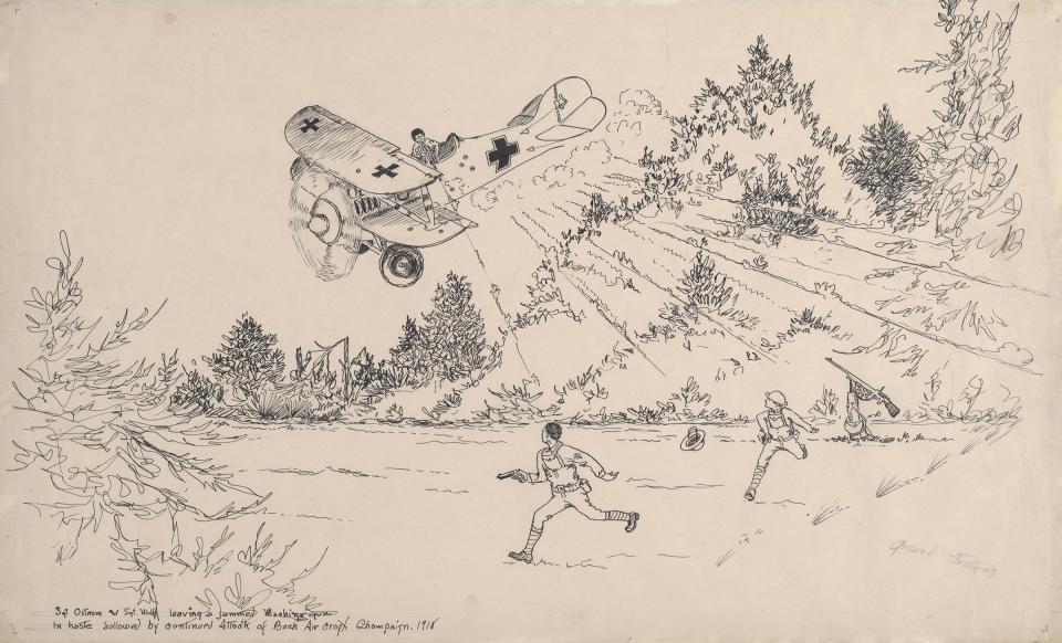 George Ostrom’s notes on this sketch read, 'Sgt. Ostrom and Sgt. Wolf leaving  jammed Machine gun. In haste followed by continued Attack of Boch Air craft. Champaign, 1918.' The French Chauchat automatic rifle with its distinctive half-moon magazines, issued to the U.S. troops of the American Expeditionary Force in 1917-1918, frequently jammed. Boche is a pejorative French word for German, Champagne is a region of northern France. Wyoming Veterans Memorial Museum.