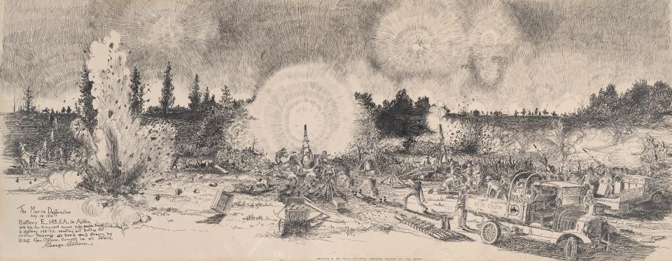 'The Marne Deffensive [sic], July 14, 1918' George Ostrom titles this drawing. It shows the 148th Field Artillery in action, 'shooting out a bridge at Chateau Thierry.' In silhouette on the ridgeline at right are guns of the U.S. 10th Field Artillery and shock troops of the French 21st Cavalry. 'Correct in all details,' Ostrom adds at the end of his notes. Germans attacked and the Allies successfully counterattacked in the Second Battle of the Marne, July 1918--the first battle of the Great War to include A