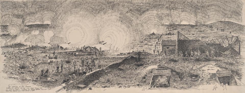 George Ostrom’s notes on this drawing read, 'The opening of the Argonne. Battery E 148th F.A. firing over Dead Man’s Hill on right of picture sketched by George Ostrom 1st sgt Bat E 148 FA and sketched from actual scene of battle.' The huge Meuse-Argonne Offensive opened Sept, 26, 1918, and involved units of the 148th Field Artillery, which included the Wyoming National Guard. Note the rats—Ostrom draws them as big as dogs—leaving the command-post bunkers in the right foreground. Wyoming Veterans Memorial M