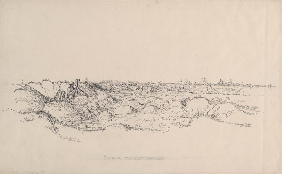 'Planning the Next Offensive,' George Ostrom titled this sketch. A soldier, surrounded by what may be fresh graves, peers through a trench periscope at enemy positions. Wyoming Veterans Memorial Museum.