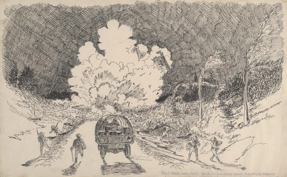 'Road mine exploded by a ambulance near Nantilos France,' Ostrom’s notes on this picture tell us. Pieces of the ambulance have been blown into the air; the truck in the foreground bears the 148th Field Artillery's bucking-horse logo on its tailgate. The town of Nantillois was occupied by German troops for four years during the war and liberated by Americans near the start of the Meuse-Argonne offensive of September 1918—and almost completely destroyed in the process. Wyoming Veterans Memorial Museum.