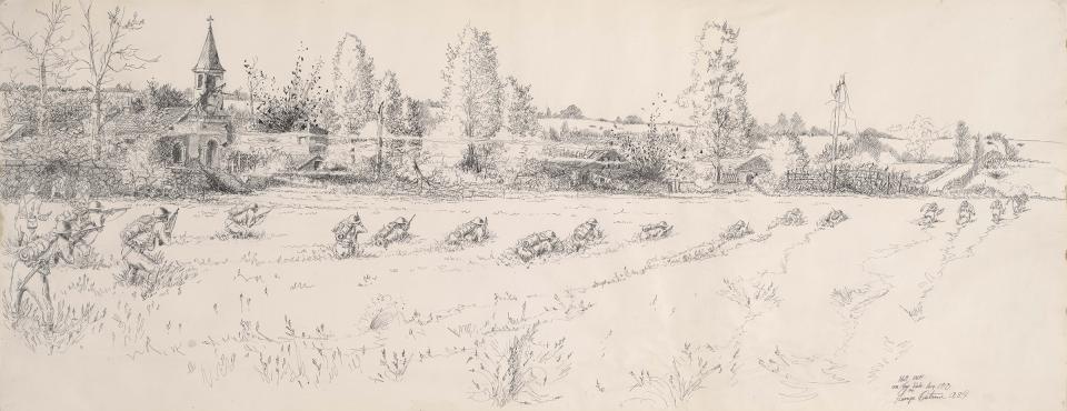 Soldiers of the 168th Infantry advance past a town in France, August 1918. George Ostrom drawing, Wyoming Veterans Memorial Museum.