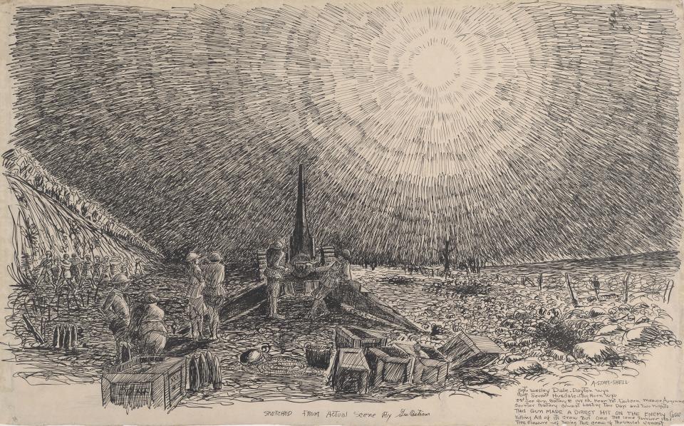 'Sketched from the actual scene,' George Ostrom’s notes on this drawing tells us. One of the French-made 155-mm howitzers used by the U.S. 148th Field Artillery fires a star shell at night. His notes continue, “A STAR SHELL, Sgt. Wesley Dale, Dayton, Wyo., Corp. Severt Husdale, Big Horn, Wyo., 3rd Sec. gun Battery E 148 F.A. near Mt. Faulcon Meuse-Argonne. Counter Battery Combat lasting two days and two nights. THIS GUN MADE A DIRECT HIT ON THE ENEMY GUN killing all of its crew but one. The lone surviver [s