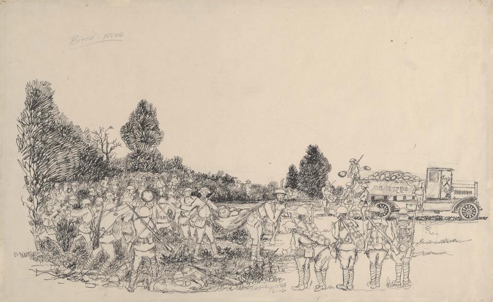 George Ostrom titled this sketch 'Bread Issue.' Troops on the truck in the background distribute round loaves of bread to two soldiers using a shelter tent half. Soldiers in the foreground pass loaves to other soldiers. Wyoming Veterans Memorial Museum. 