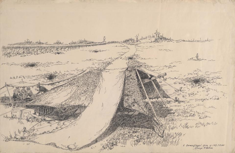 George Ostrom’s sketch of a camouflaged 155-mm howitzer of the 148th Field Artillery. At left, soldiers play cards in the shade of the camouflage netting. In the foreground, a soldier snoozes in the sun. Wyoming Veterans Memorial Museum. Click to enlarge.