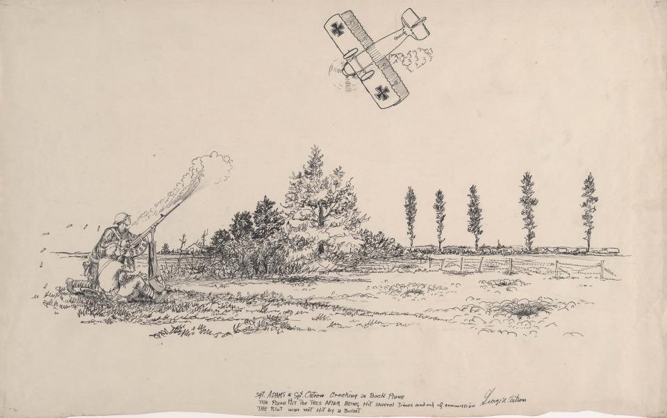 'Sgt. Adams and Sgt. Ostrom Cracking a Boch Plane,' George Ostrom titled this sketch. 'Boche' was a pejorative French term for German. Ostrom’s notes on the picture read, 'The plane hit a tree after being hit several times and out of commission. The pilot was not hit by a bullet.' The soldiers are using a French Chauchat automatic rifle. Wyoming Veterans Memorial Museum.