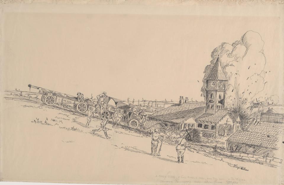 A U.S. Army truck tows one of the 148th Field Artillery howitzers into a French town just as a shell explodes. Artist George Ostrom’s notes read, 'A crazy clock, a bad road, a shell, and two men with rifles[.] German prisoners was taken from steeple[.]' Wyoming Veterans Memorial Museum. 