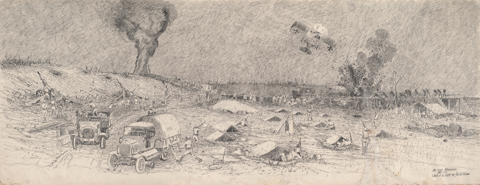 George Ostrom titled this sketch, 'In the Argonne Oct. 1918.' At left, guns of the 148th Field Artilllery fire at enemy positions in a heavy downpour. In the center, soldiers, some from inside their pup tents, fire rifles at a German plane overhead. Other soldiers at right cross a bridge. Fighting in the Argonne was part of the 47-day Meuse-Argonne offensive in the fall of 1918, the final Allied push that ended the war. Wyoming Veterans Memorial Museum. 