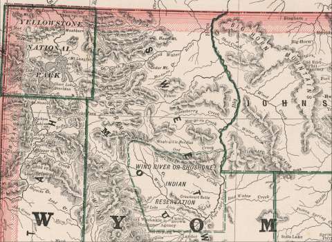 Cram’s 1883 Map of Wyoming shows the location of Otto Franc’s post office, named “Franc,” along the upper Greybull River in the Big Horn Basin. His ranges stretched along the east front of the Absaroka Mountains all the way from the Clarks’s Fork River east of Yellowstone Park to Owl Creek, which at the time was the northern boundary of the Shoshone Reservation. David Rumsey Maps. 