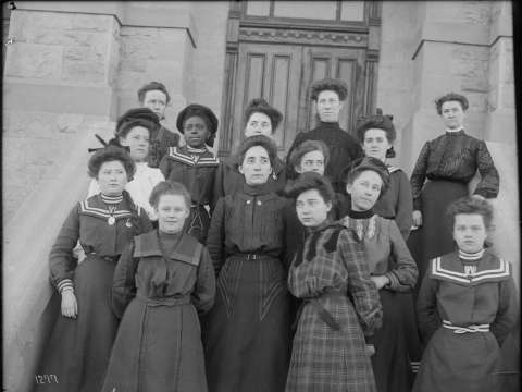 School of Music students at the University of Wyoming, 1904. Carrie Burton, about 16 years old, stands toward the left in the third row up, wearing her UW cadet's uniform. American Heritage Center, University of Wyoming.