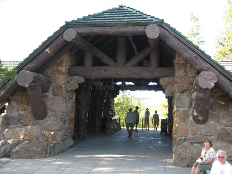 Architect Herbert Maier used rubble masonry and brown-stained, peeled logs to give the feel that Yellowstone’s small museums, like the one shown here at Norris Geyser Basin, had grown organically out of their surroundings. Waymarking.com.