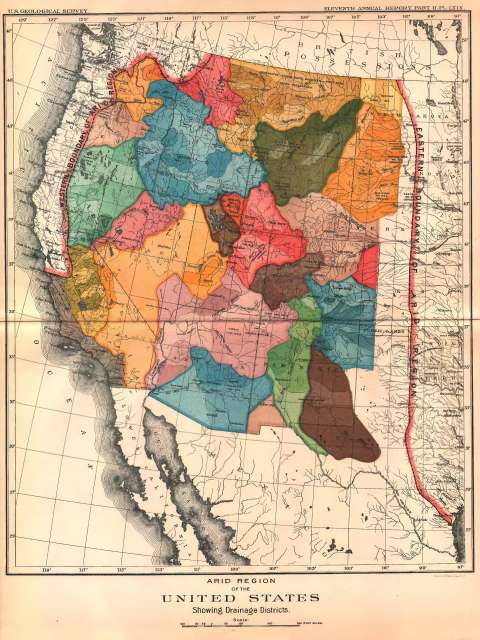 Powell thought of the West in terms of its scarce water as well as its lands. Here, his map of the region’s watersheds, from 'Report on the Lands of the Arid Regions …', 1878. Mapped in Wyoming Territory are the drainages of the Yellowstone (dark olive), Missouri (orange), North Platte (pale pink), Green (red and pink) and Snake (blue) rivers. John F. Ross collection.