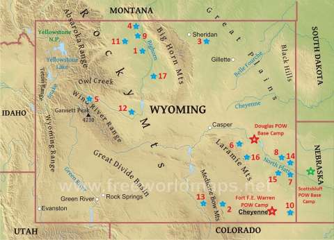 Two base camps for POWs and seventeen smaller agricultural and timber branch camps were located in Wyoming during World War II. Agricultural camps operated at Basin (1), Deaver (4), Lovell (9), Powell (11), Clearmont (3), Worland (17), Riverton (12),  Wheatland (16), Lingle (8), Torrington (14), Veteran (15), Huntley (7) and Pine Bluffs (10). Timber camps were at Dubois (5), Esterbrook (6), Ryan Park (13) and Centennial (2). Large base camps, as marked, were at Douglas, Fort Warren and Scottsbluff, Neb. Map by author.