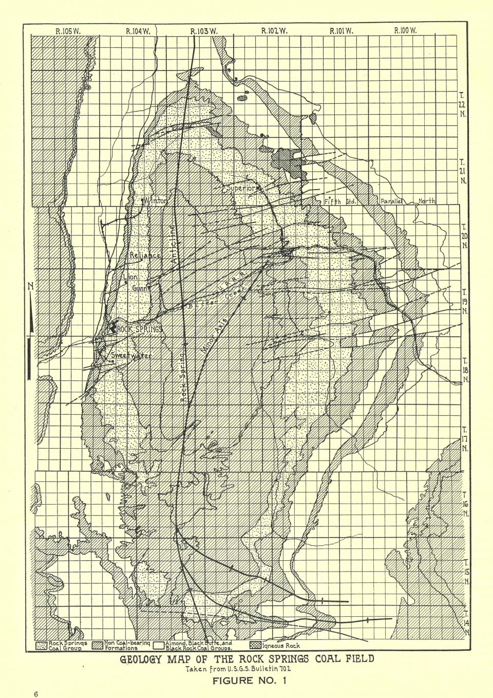 This geological map of the coal fields around Rock Springs, prepared by the US Geological Survey in 1920, locates the coal camps of Sweetwater, Gunn, Lion, Reliance, Winton and Superior as well as the town of Rock Springs—and the Union Pacific Railroad’s route along Bitter Creek. The squares are one square mile each. Coal-bearing formations are dotted or unshaded