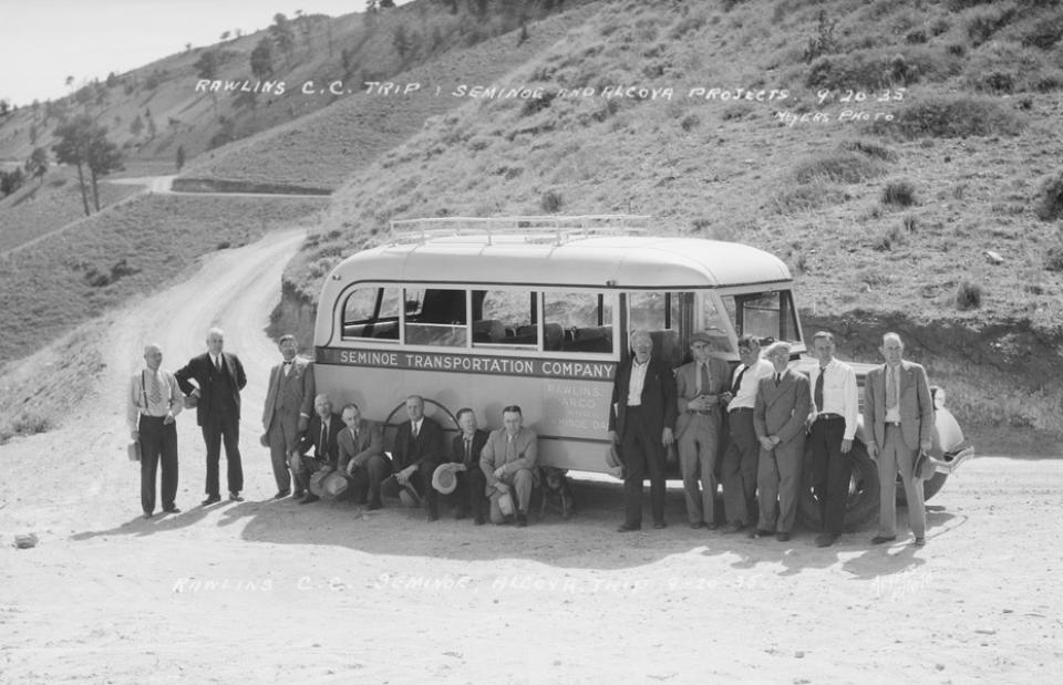 Members of the Rawlins, Wyo. Chamber of Commerce on a field trip to the site of the future Seminoe Dam, 1935. American Heritage Center.