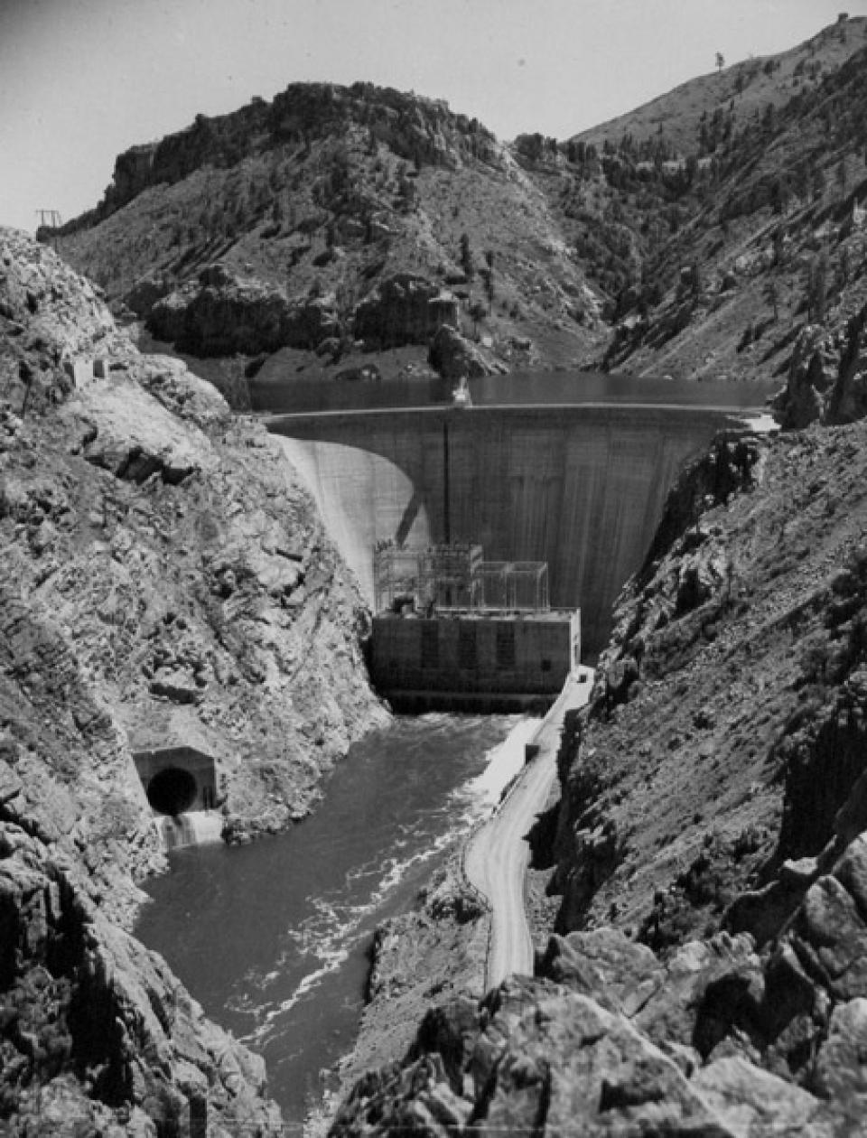 Seminoe Dam in 1949, ten years after it first began generating power. American Heritage Center.