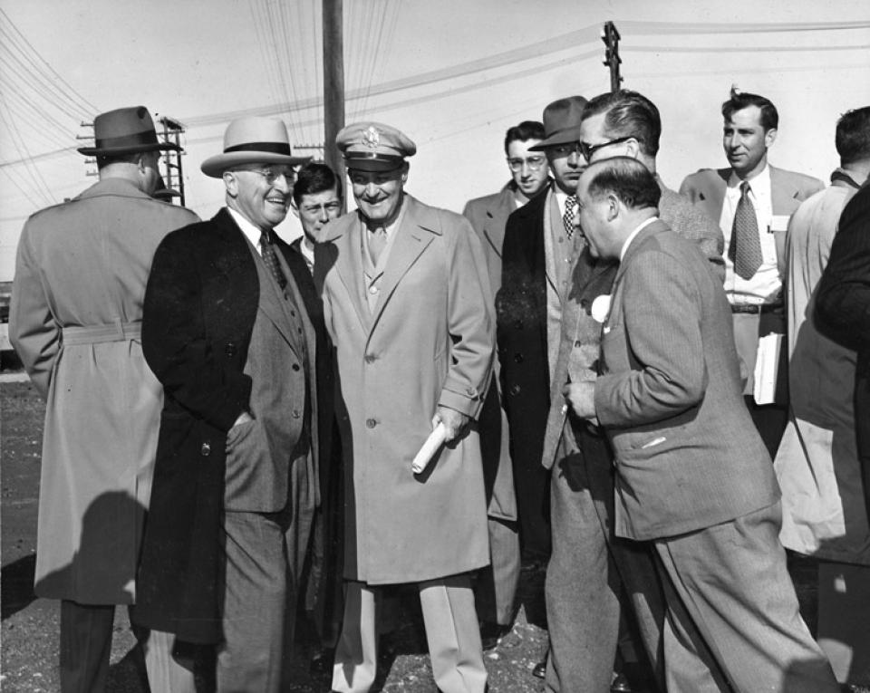 President Harry S. Truman, hands in pockets, at the dedication of Kortes Dam, May 1950. Truman Library.