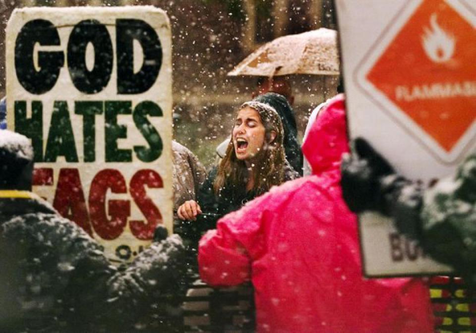 Anti-gay protesters led by the Rev. Fred Phelps of Wichita, Kan. are met with anger during the funeral for slain UW student Matthew Shepard on Oct. 16, 1998 in City Park near downtown Casper, Wyo. Dan Cepeda, Casper Star-Tribune.