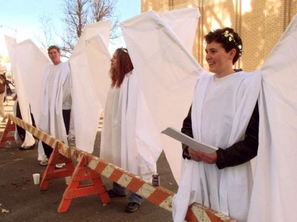 Romaine Patterson, right, of State College, Pa., and other demonstrators dressed as angels, stand outside the Albany County Courthouse in Laramie, Wyo., Monday, Oct. 11, 1999, as jury selection began in the trial of Aaron McKinney, accused in the slaying of University of Wyoming student Matthew Shepard. Ed Andrieski, The Associated Press.